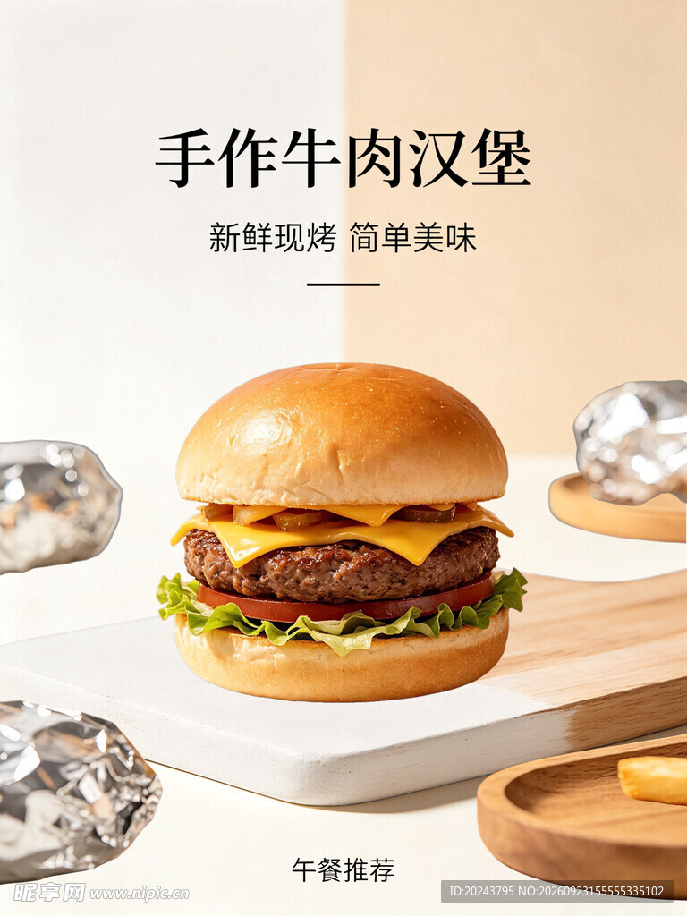 手作牛肉汉堡美食海报