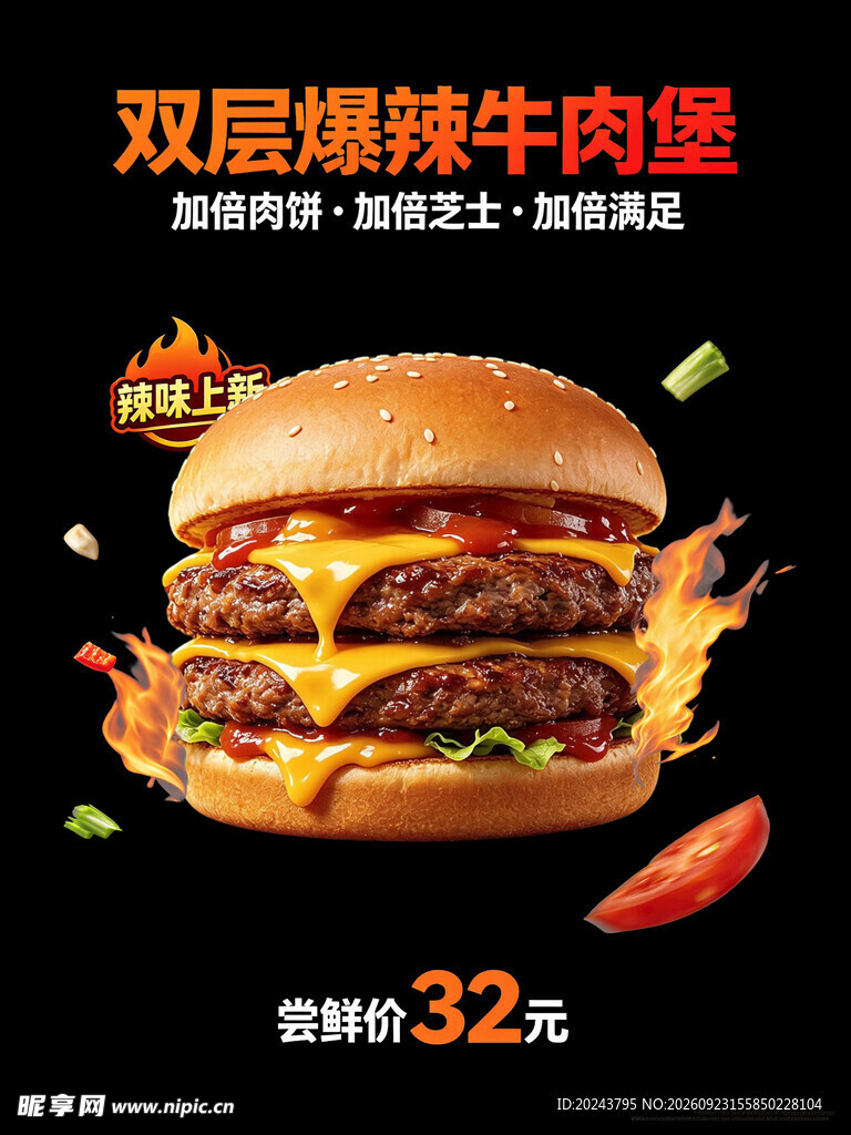 双层爆辣牛肉堡促销海报