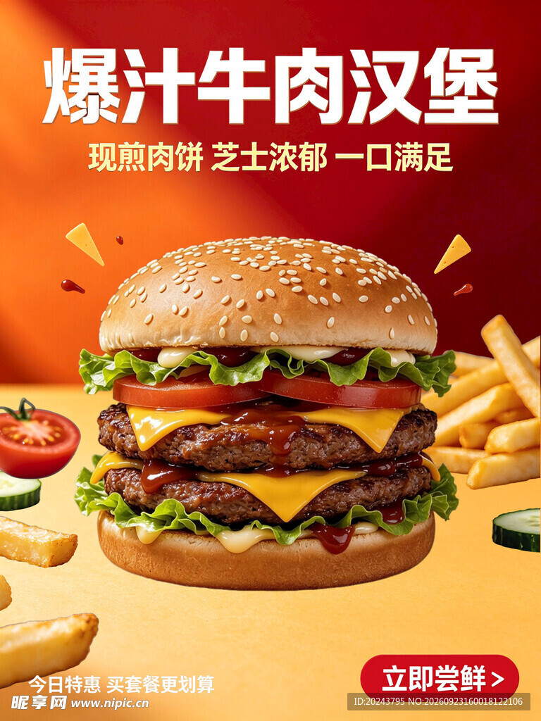 爆汁牛肉汉堡宣传海报
