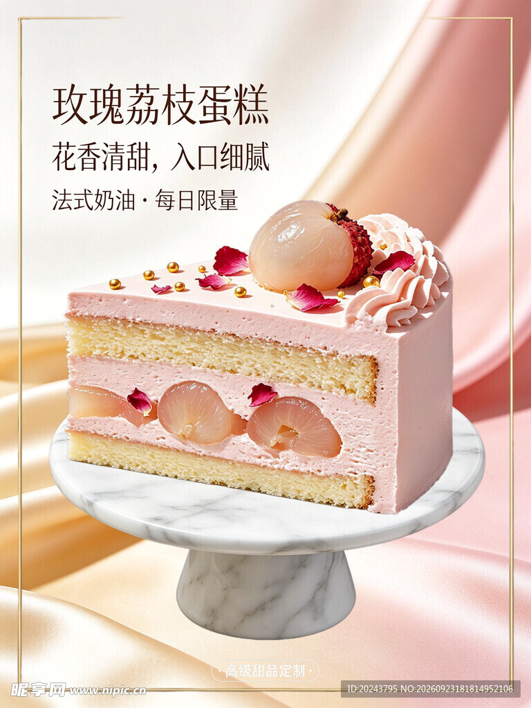 玫瑰荔枝蛋糕美食海报