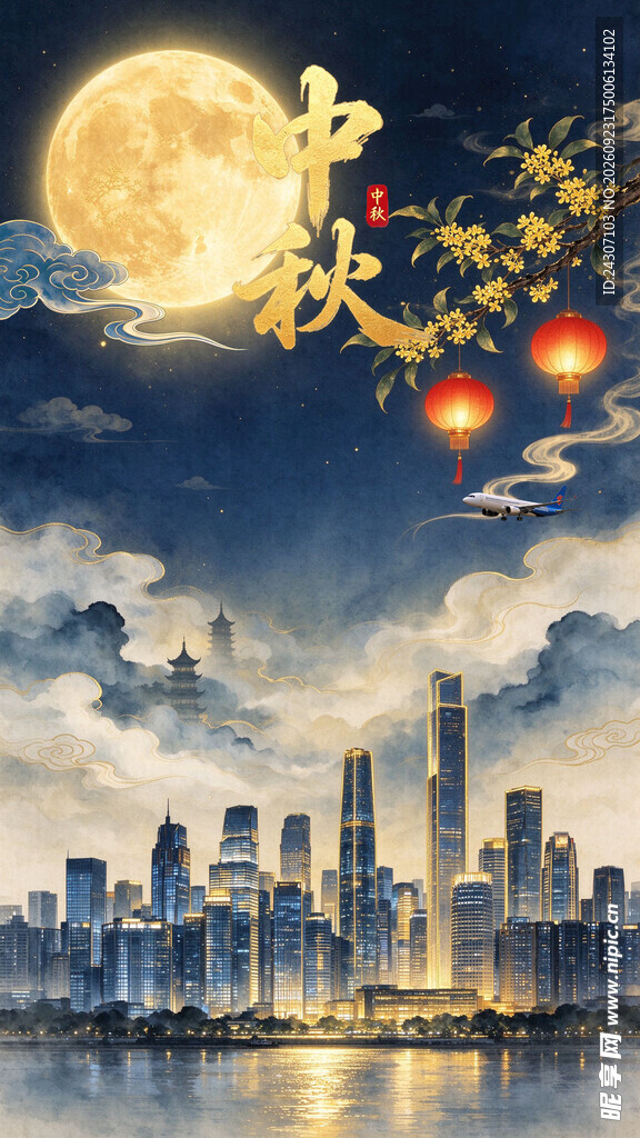 中秋城市夜景AI背景