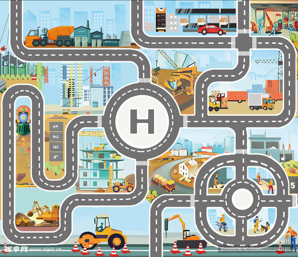 工程施工道路迷宫插画