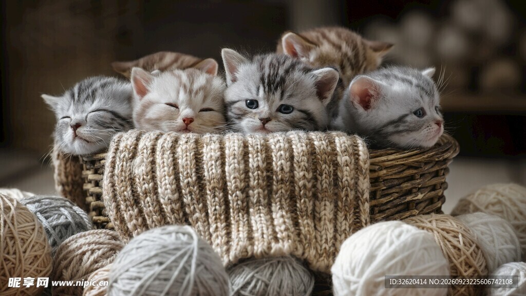 竹篮里的一窝小奶猫