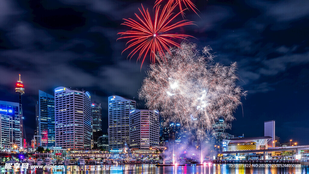 城市河畔烟花夜景