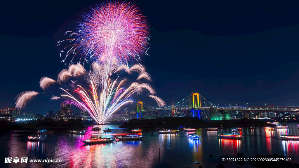 河畔夜空绚烂烟花绽放