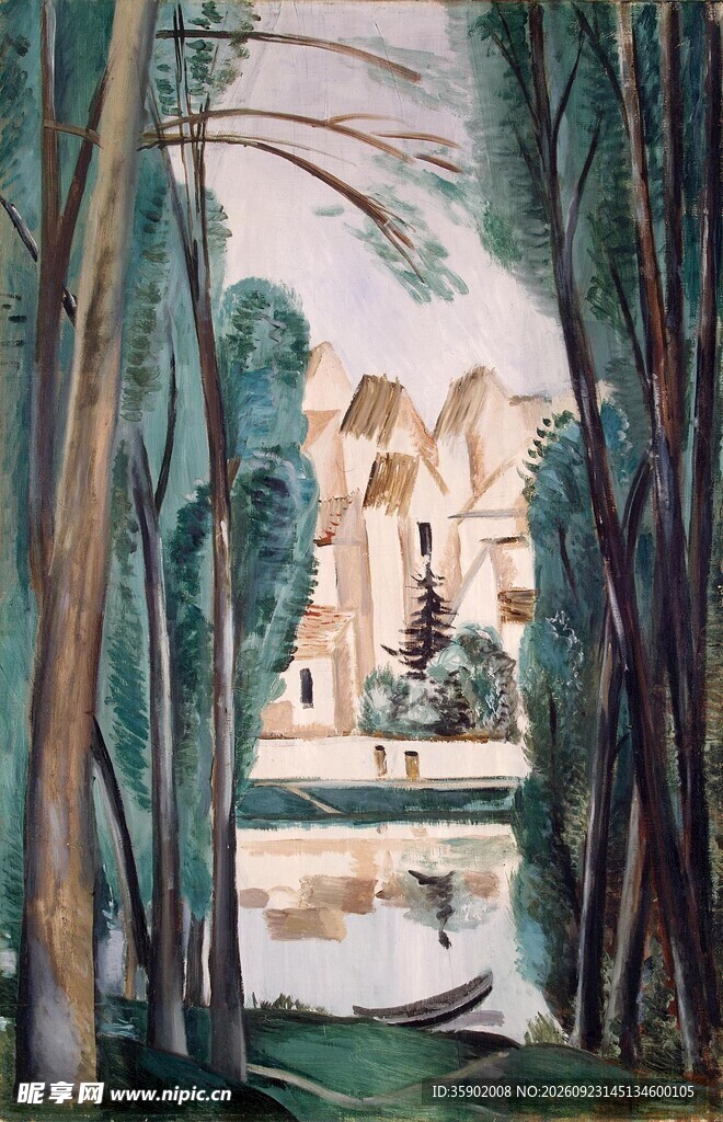 林间湖畔建筑风景油画