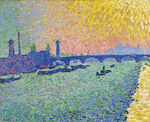 点彩河畔黄昏风景油画