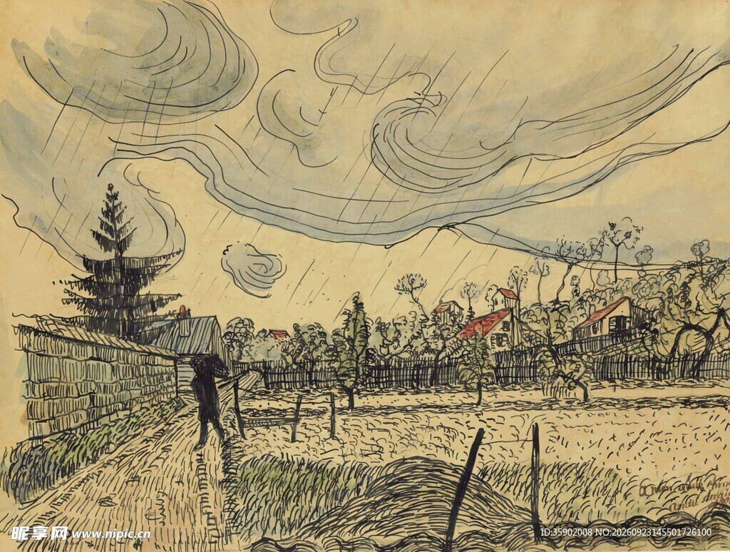 梵高风格乡野风景油画