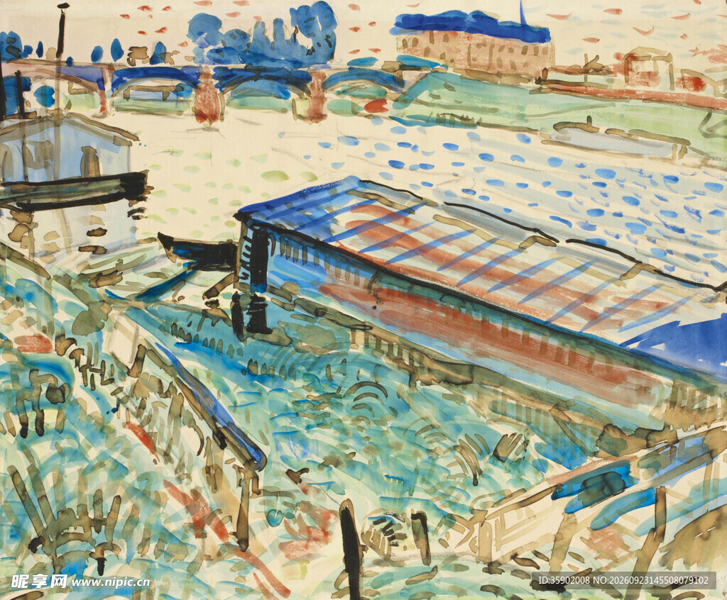 河畔码头风景油画