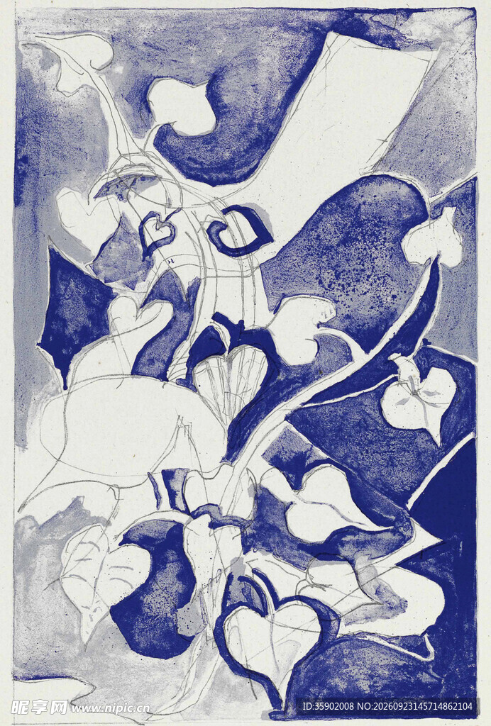 蓝白抽象花叶装饰版画