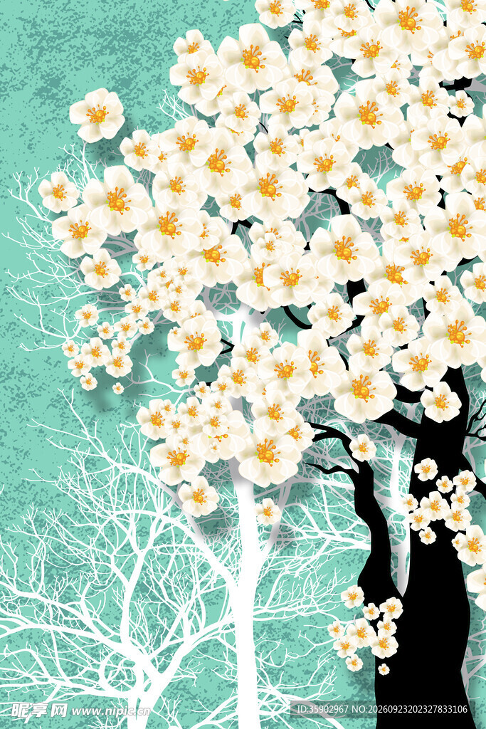 清新白花树装饰插画