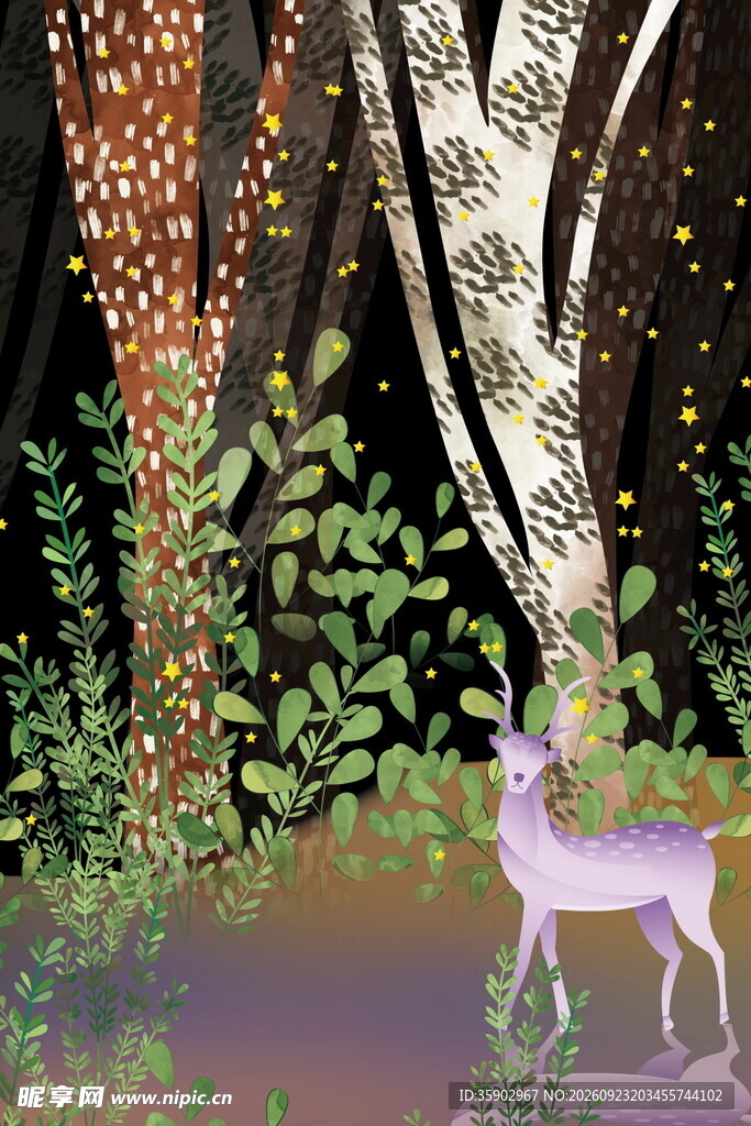 梦幻森林麋鹿夜景插画