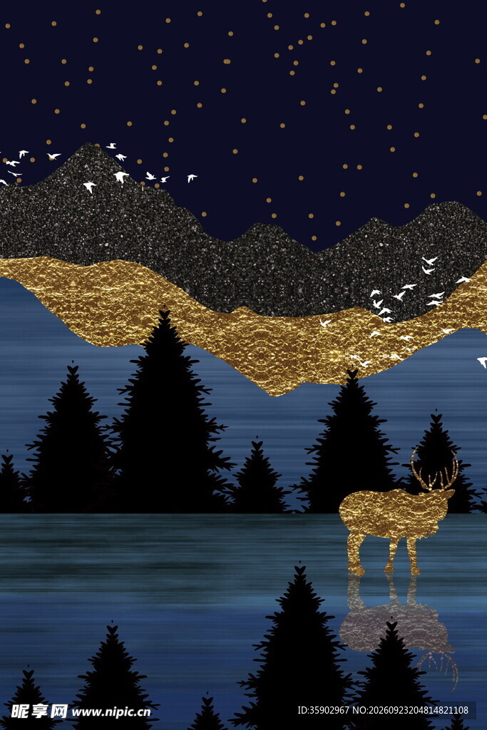 星夜麋鹿山林装饰插画