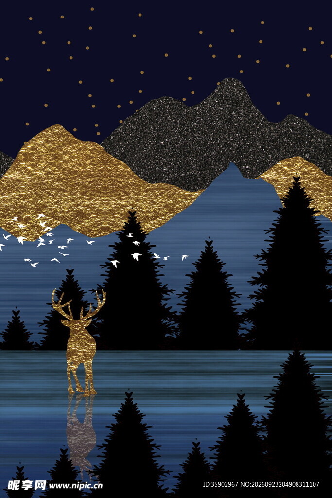 星夜麋鹿鎏金山水插画