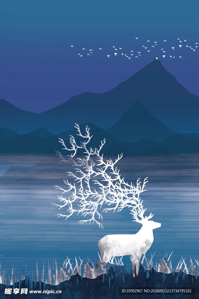 梦幻灵鹿山水插画