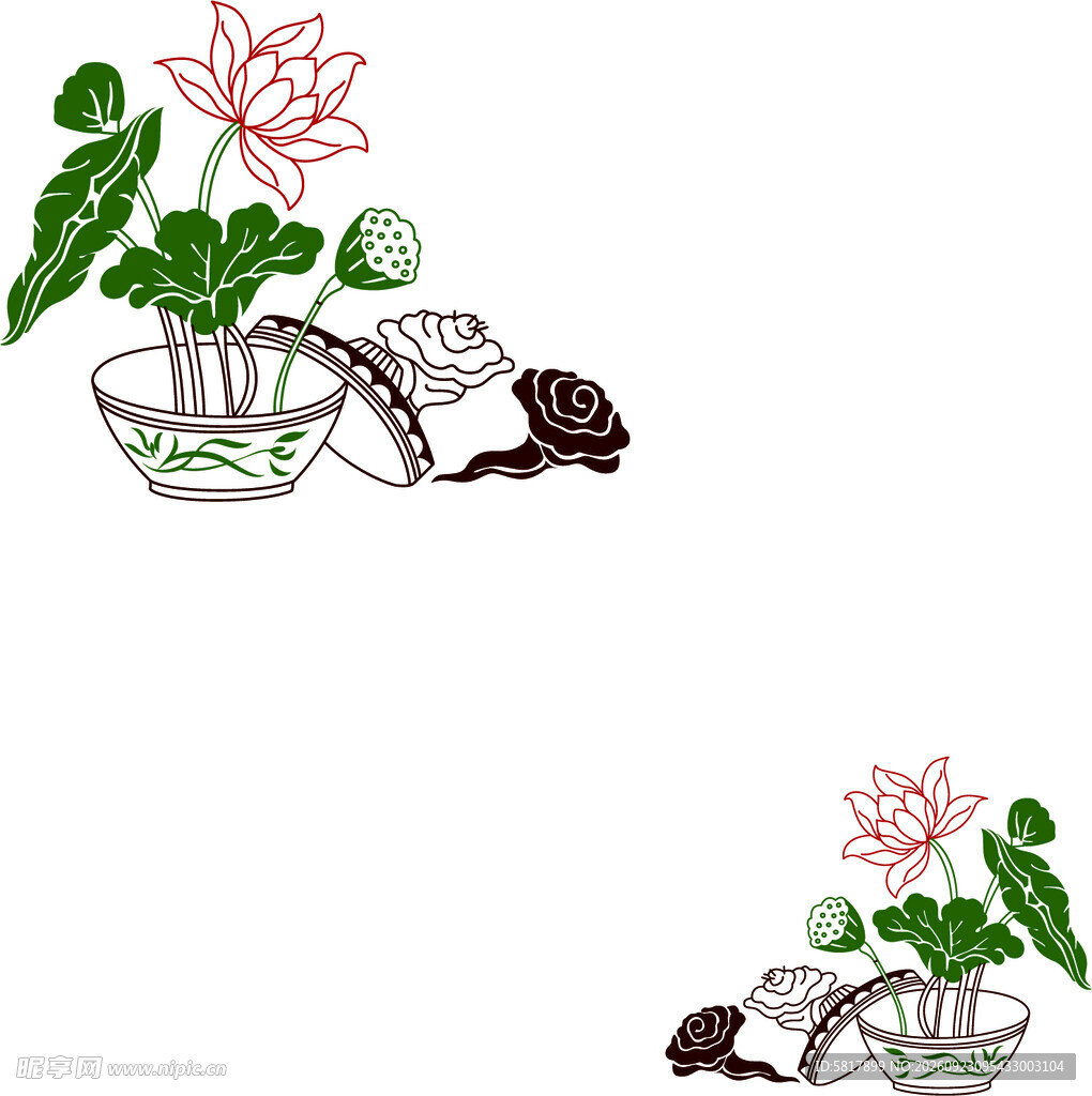 国风手绘荷花盆栽插画