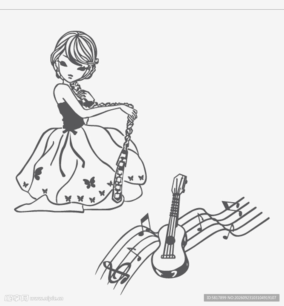 音乐少女吉他线稿插画