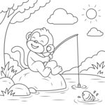 小猴钓鱼卡通线稿