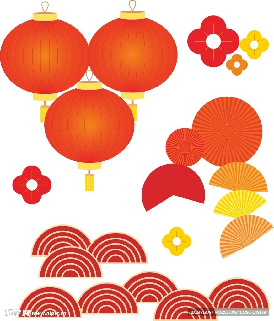 新春喜庆中国风祥云灯笼扇子元素