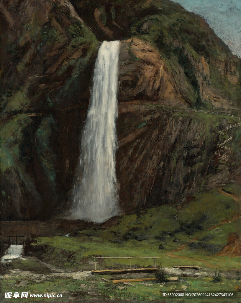 山间瀑布风景油画