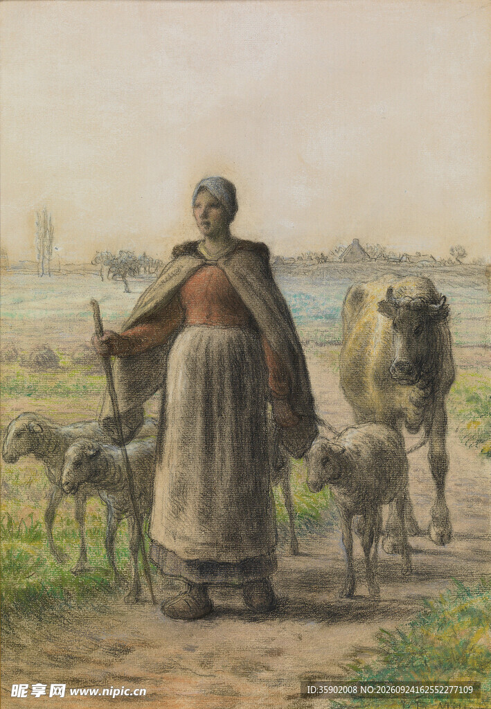 牧羊女郊野放牧油画