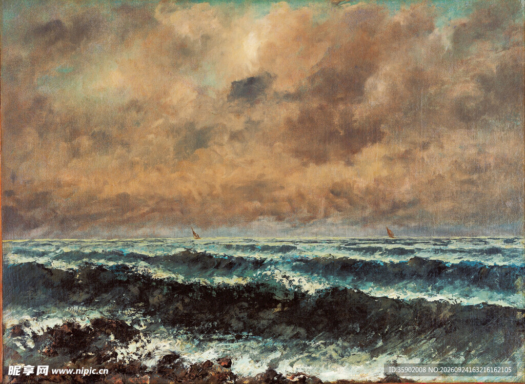 黄昏海岸浪涛风景油画