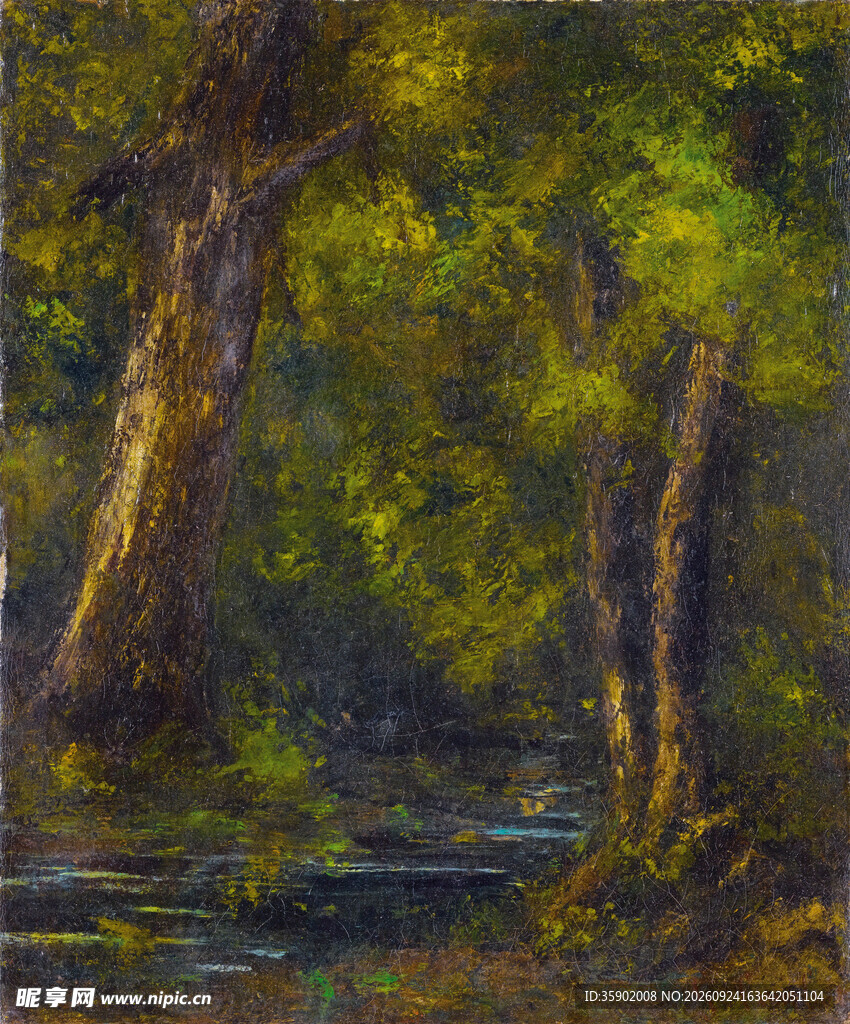 林间溪流风景油画