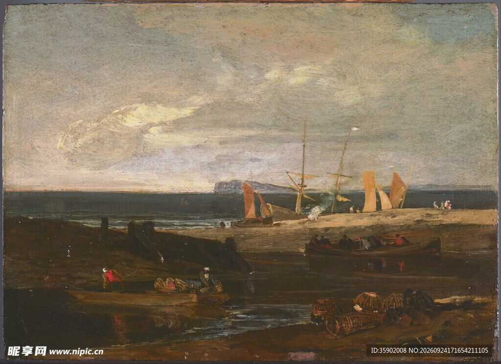 海岸日暮风景油画