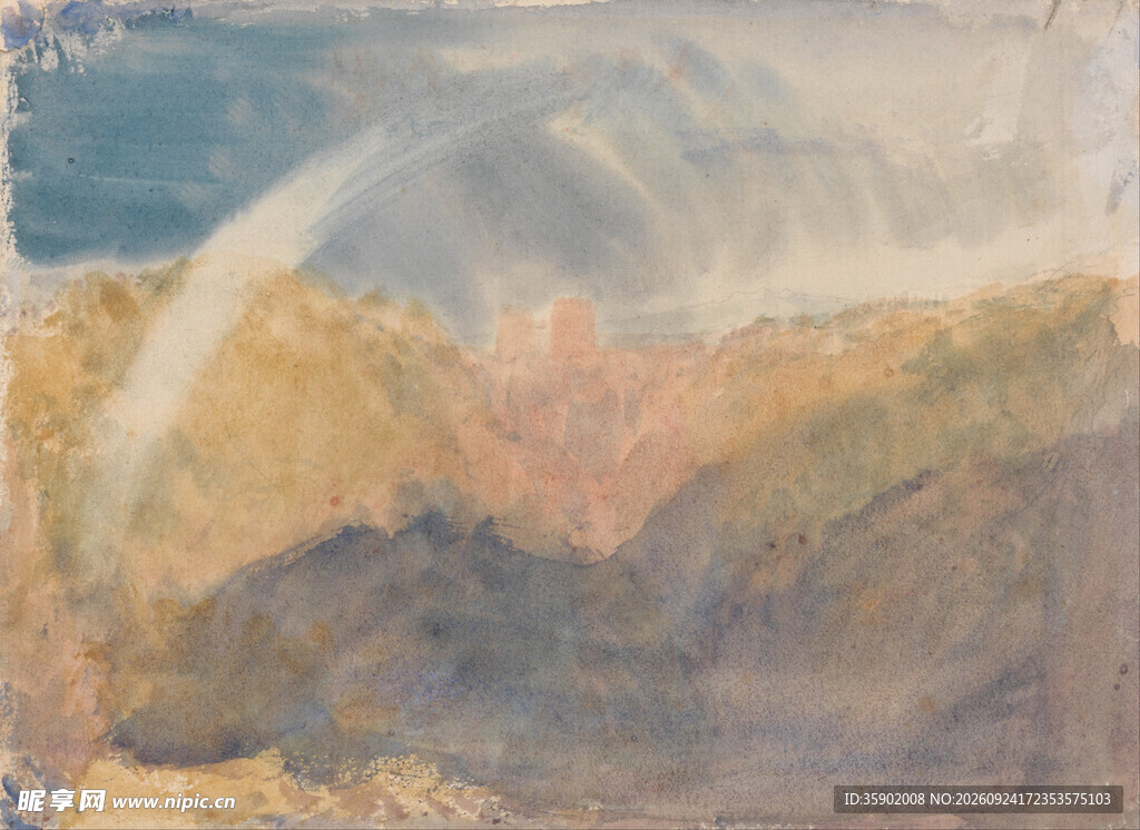 彩虹山野风景油画