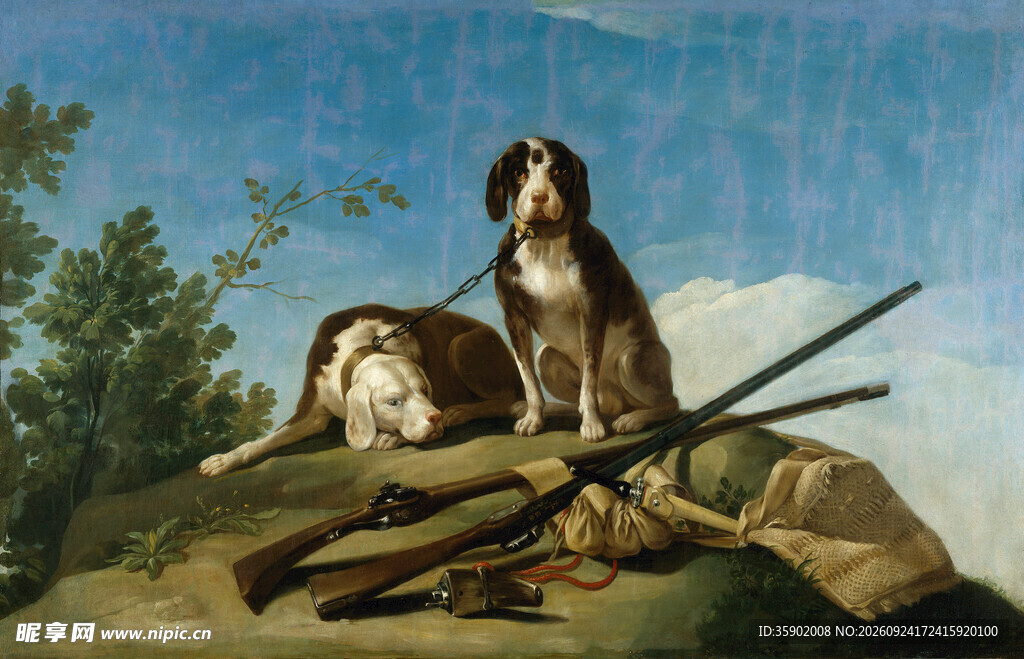 户外猎犬风景油画