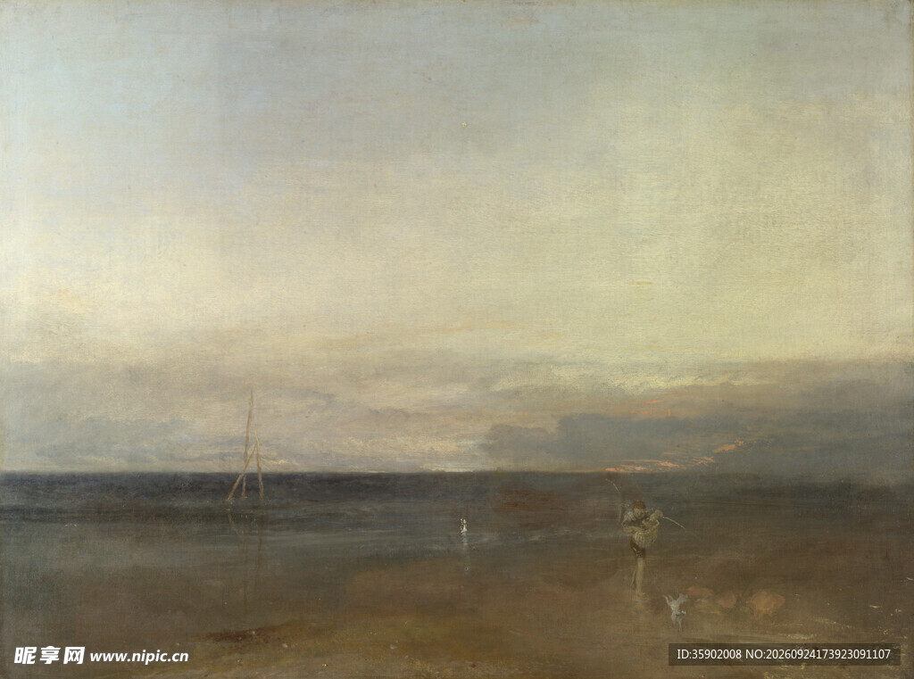 海岸黄昏朦胧风景油画
