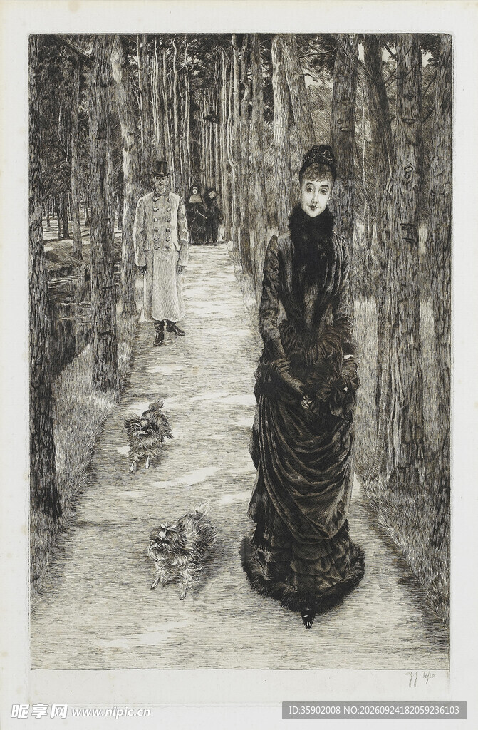 林荫道上的黑衣女子版画