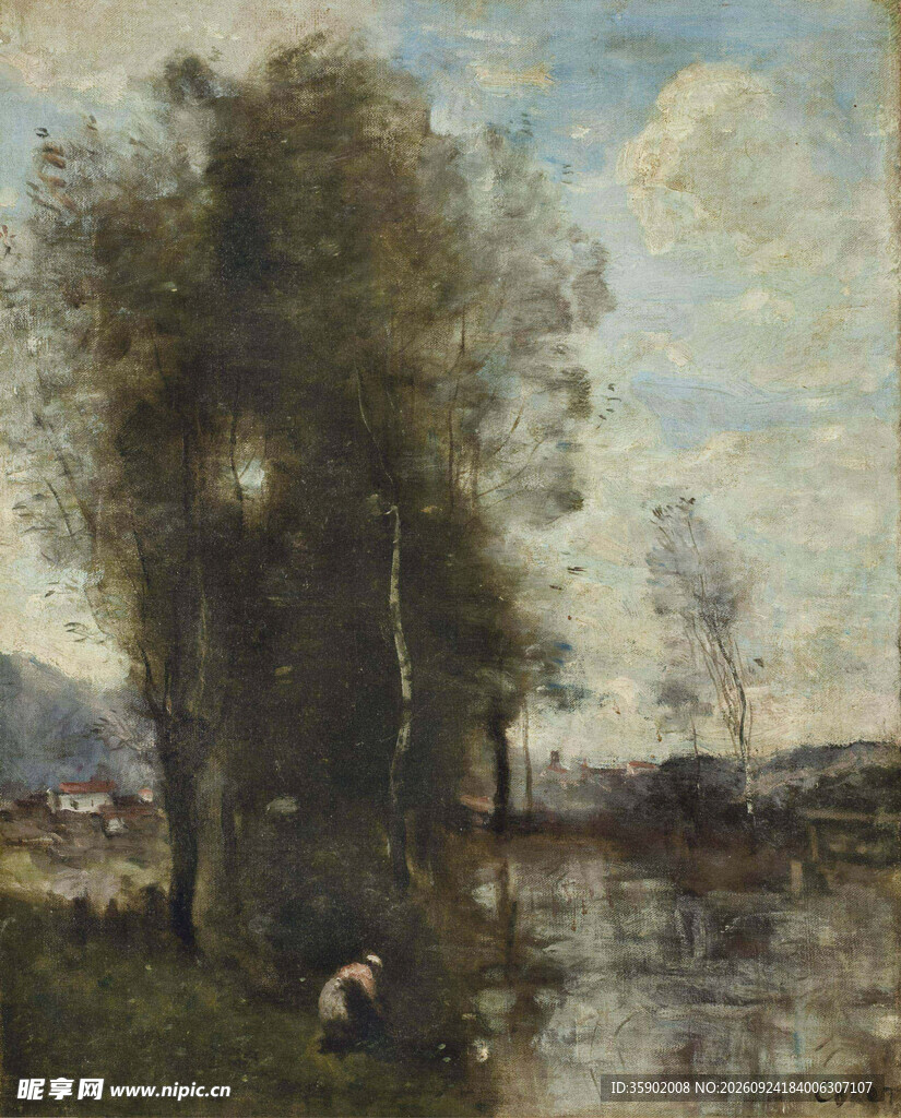 郊野湖畔风景油画