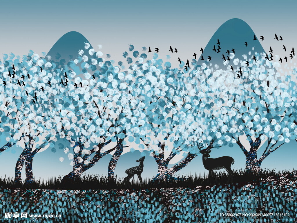 花林麋鹿山水装饰画