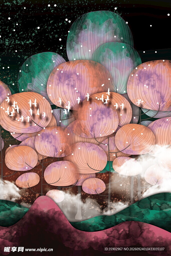 梦幻水彩花树星空插画
