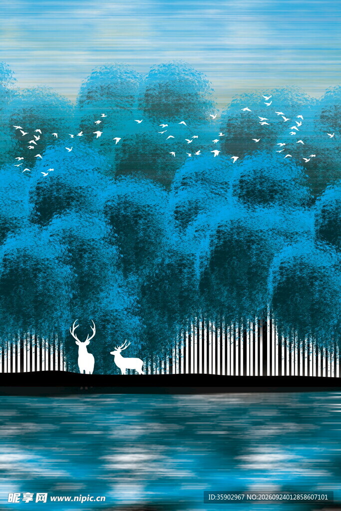 湖畔森林白鹿梦幻插画