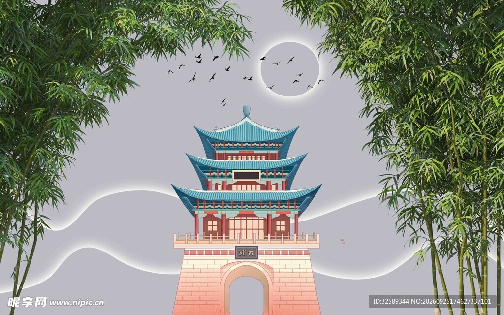 中式古楼国风插画