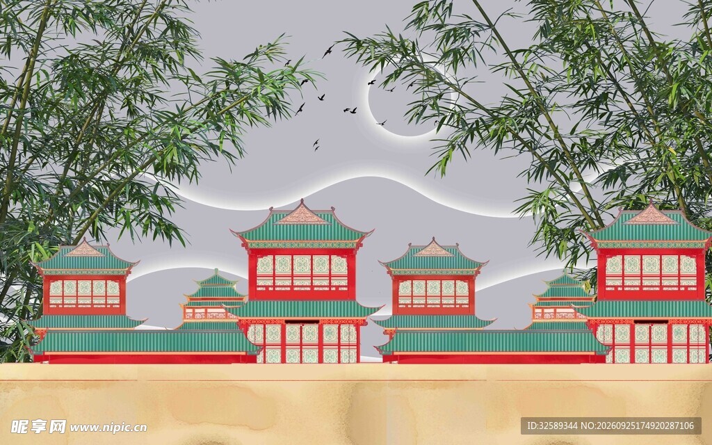 国风古建竹林插画