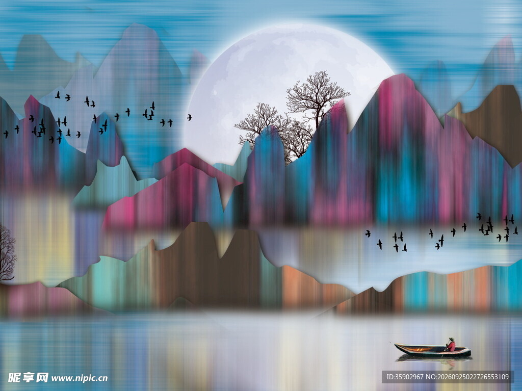 彩墨山水月夜行舟