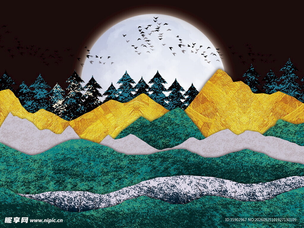 月夜山景国风插画