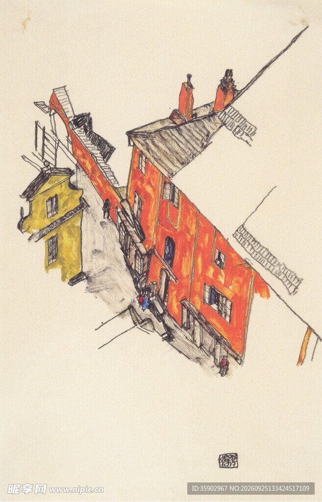 复古手绘风车建筑插画