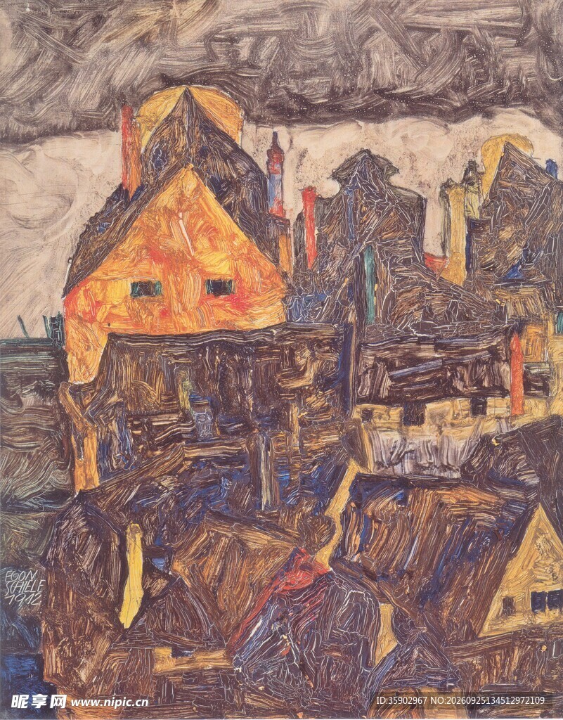 复古乡村建筑油画