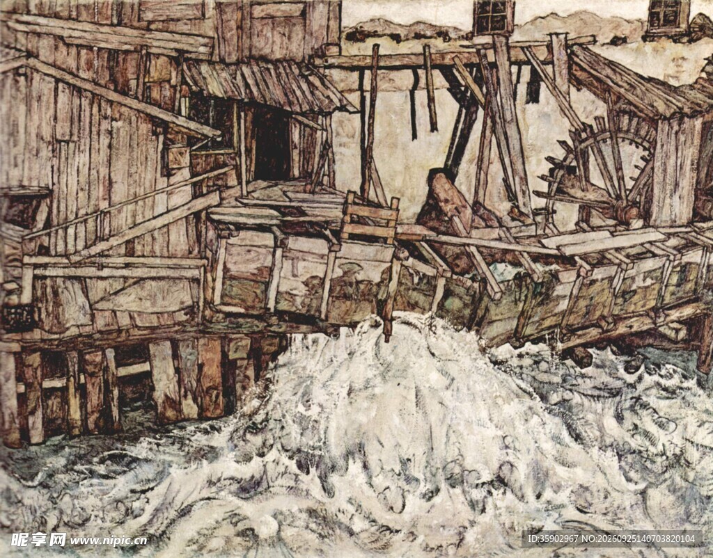 复古河畔老磨坊油画