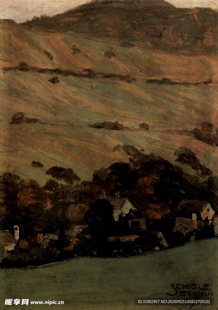 乡郊村落风景油画