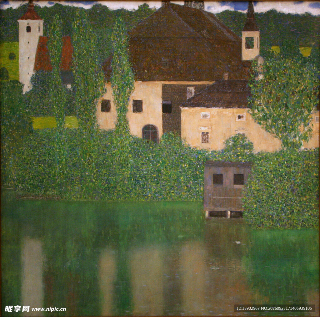 临湖乡村建筑风景油画