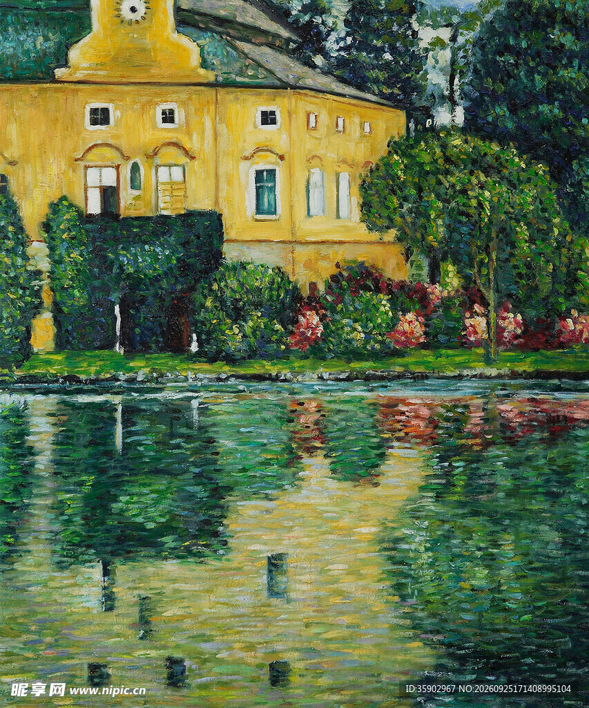 湖畔庄园风景油画
