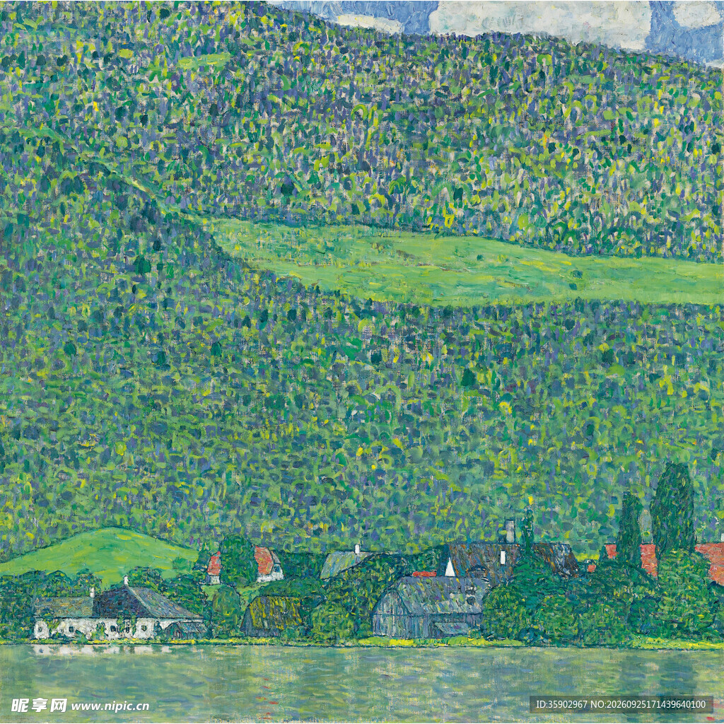 湖畔山林乡村风景油画
