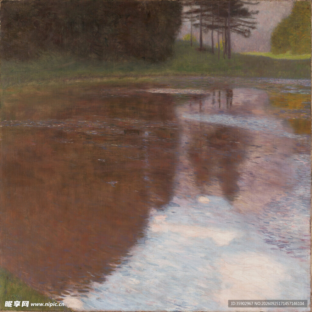 湖畔倒影风景油画