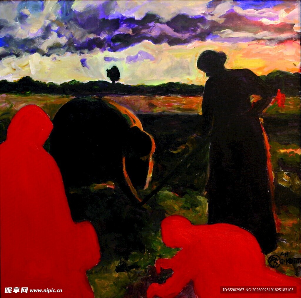 黄昏田野农耕劳作油画