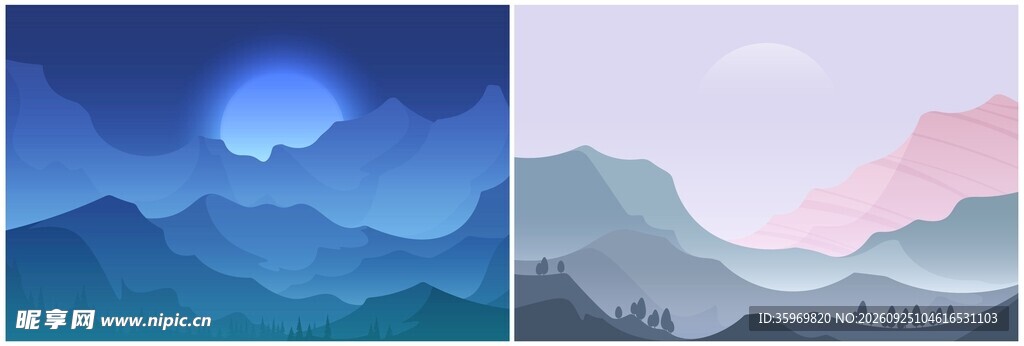 山川夜景插画